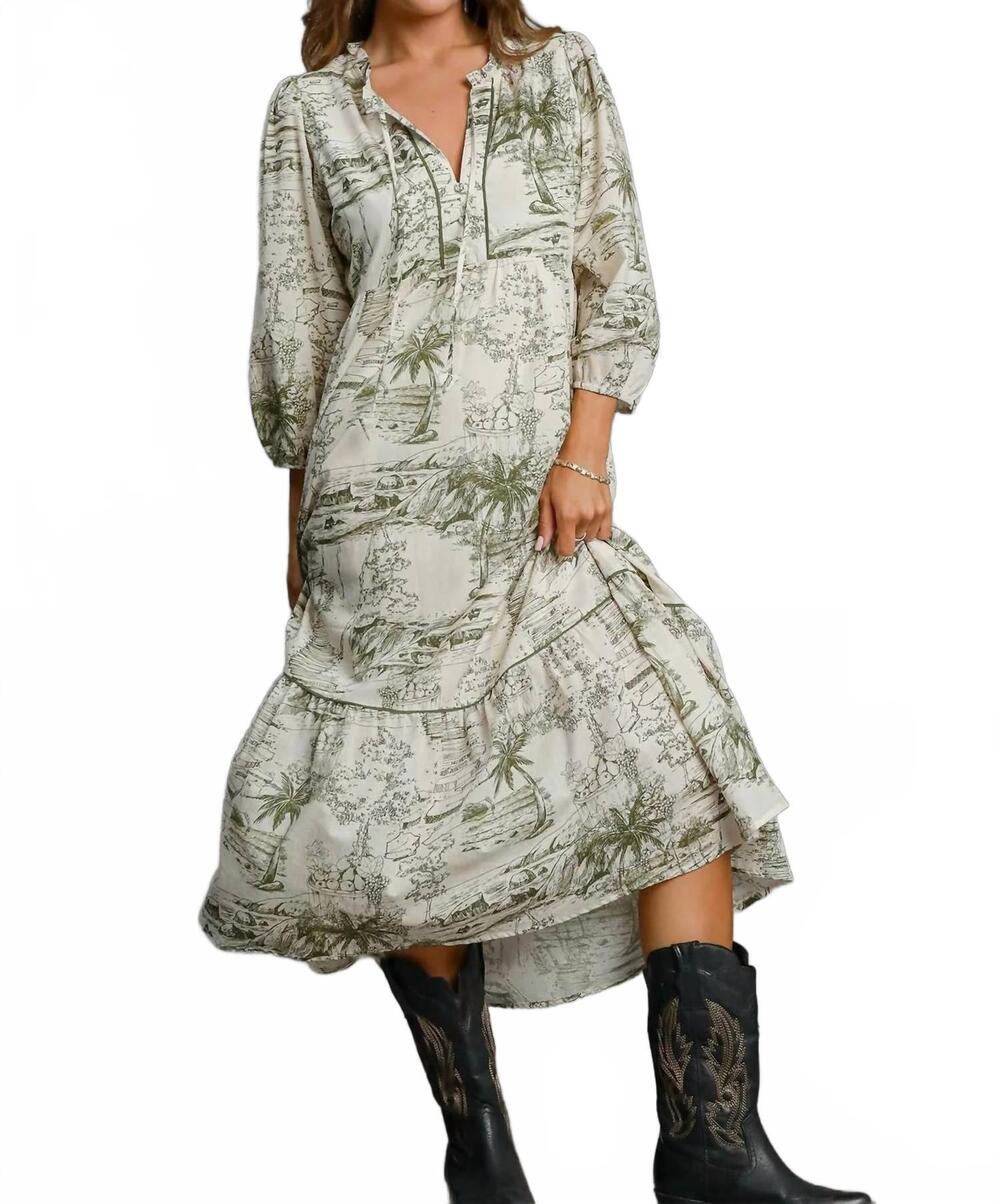 NEW UMGEE two tone landscape midi dress in olive and off white